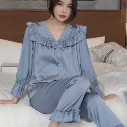 Female 2 Pcs Pajamas Set Palace Style Princess Sleepwear Sweet Lace Ruffle Trouser Suits Nightwear Spring Autumn Satin Home Wear