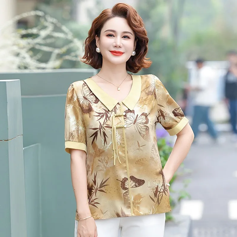 

Vintage Chic Button Female Printed T-shirt Summer Women's Clothing Fashion Short Sleeve Turn-down Collar Loose Pullovers Tops