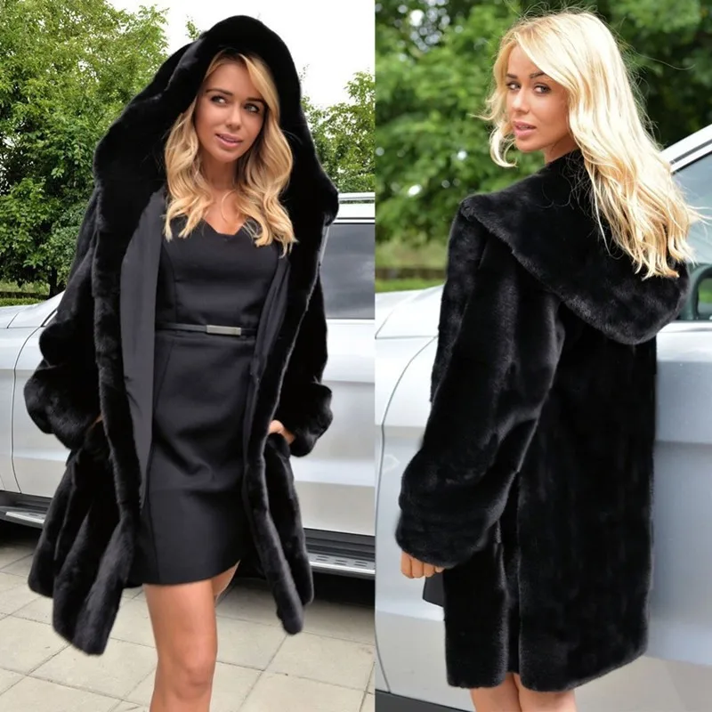 2023 Autumn Winter Faux Fur Coat Womens Mink Faux Fur Coat Female Hooded Outwear Long Warm Fur Jacket Black Overcoat Cotton Coat