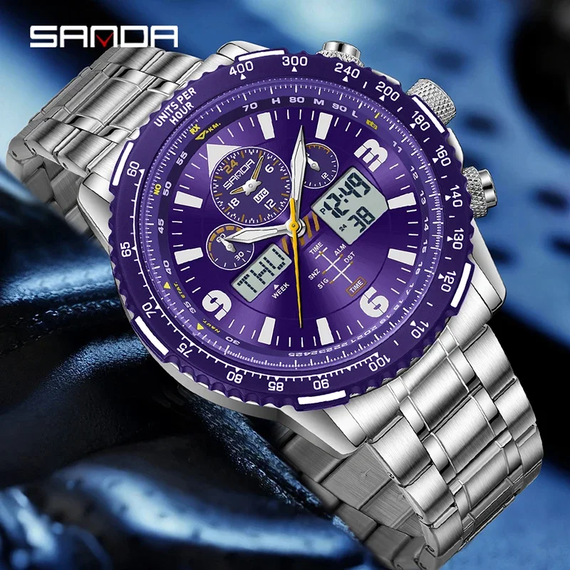 SANDA 6362 Dual Display Electronic Quartz Men's Watch 5ATM Waterproof Night Light Multifunctional Stopwatch Timing Alarm Clock