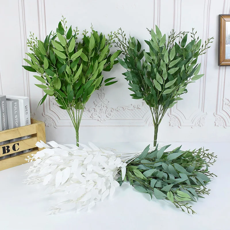 Artificial Willow Bouquet Fake Green White Leaves For Wedding Home Table Vase Decoration Jungle Party DIY Home Plants Wreath