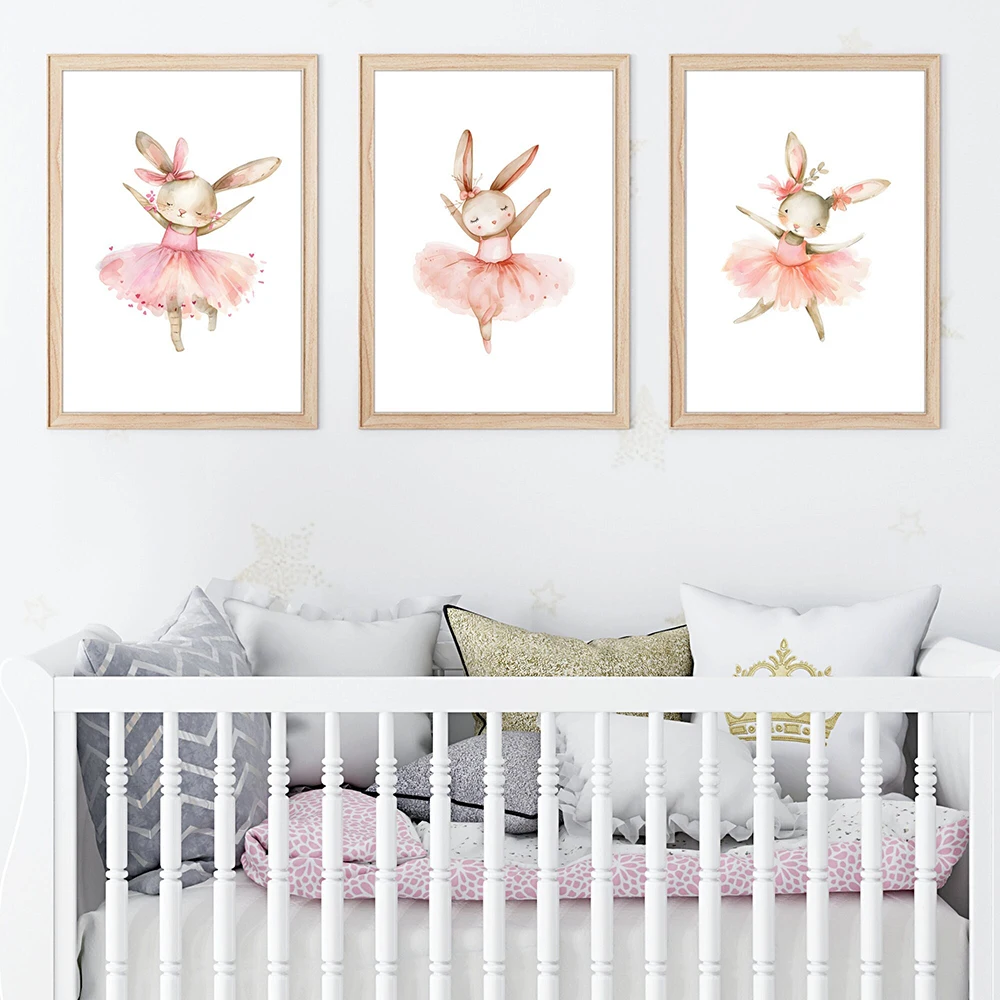 3pcs Cute Ballerina Bunny Ballet Canvas Posters Woodland Animal Print Painting Girls Room Decor Rabbit Wall Art Nursery Decor