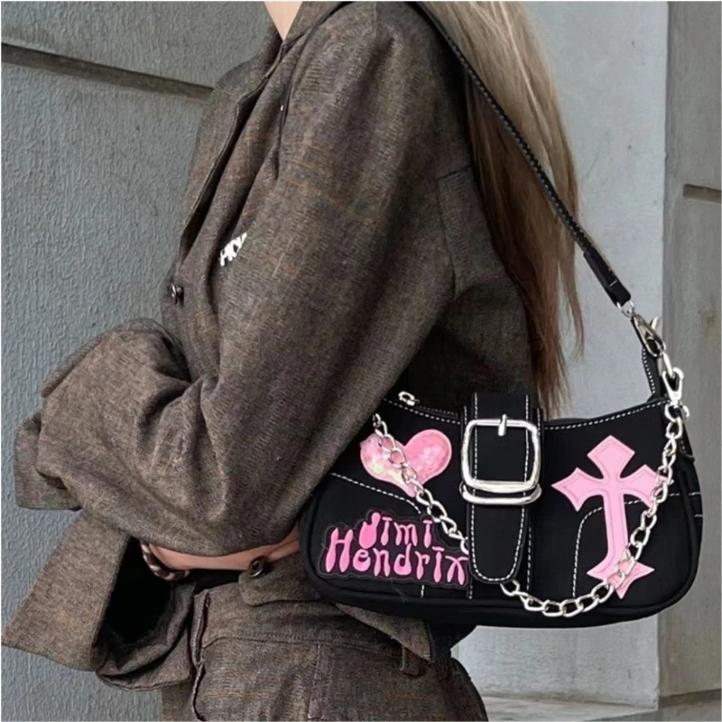 Y2k-Bolso de hombro pequeño para mujer, bandolera con cadena de mariposa, con letras de amor, a la moda