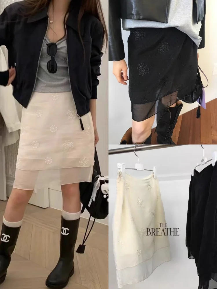 

Весна 2024, утягивающая юбка из сетки с высокой талией и вышивкой, женская нежная милая юбка трапециевидной формы, однотонная юбка для девочек