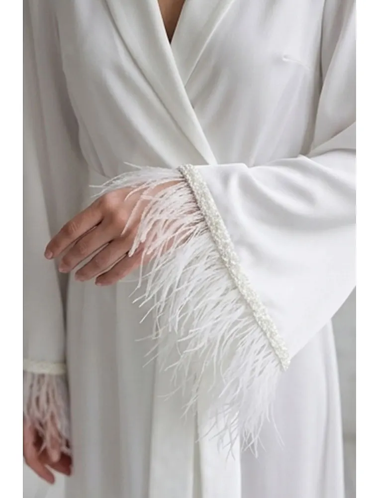 

Ivory Feather Beaded Trim Bridal Robe Long Kimono Satin Silk Wedding Morning Getting Ready Dressing Gown Bridal Boudoir Lingerie