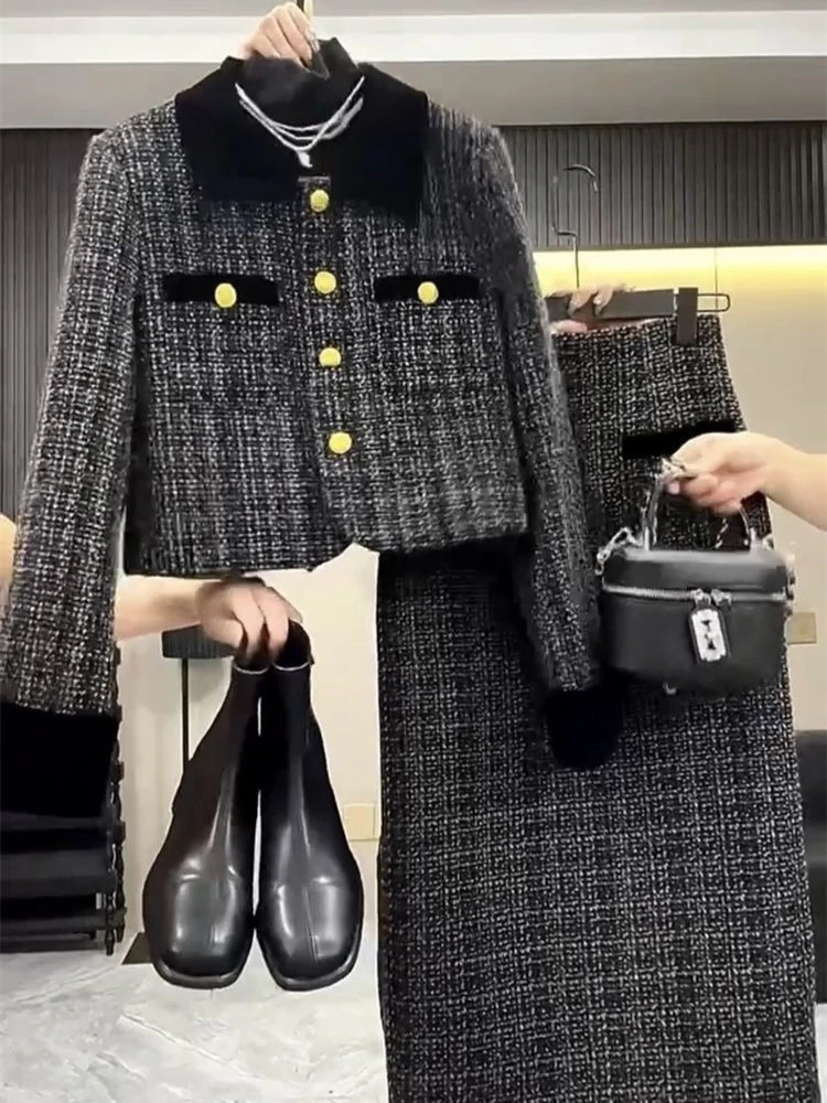 

Autumn and winter new commute style two piece set women fashion warm cotton scented short jacket+high waist half skirt