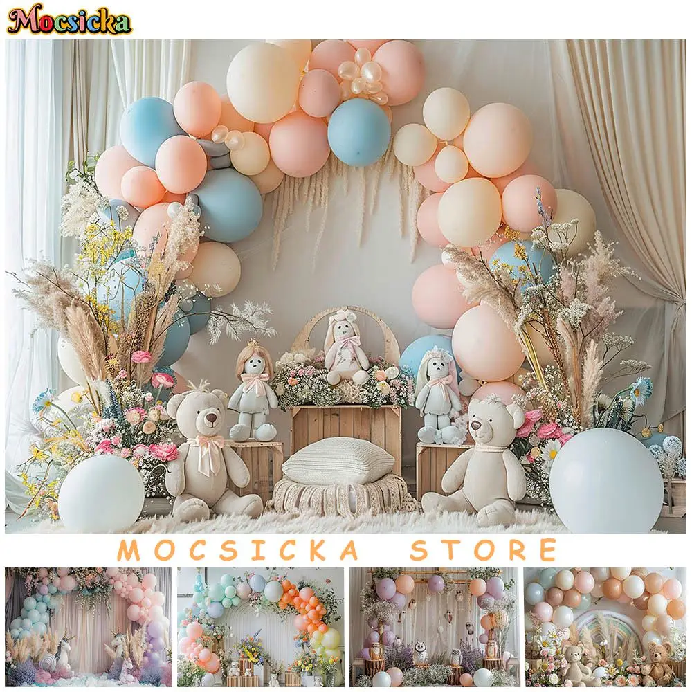 

Mocsicka Bohemian Backdrop for Photography Arch Balloon Pampas Grass Flower Dolls Baby Kids Photo Background Wedding Shoot Props