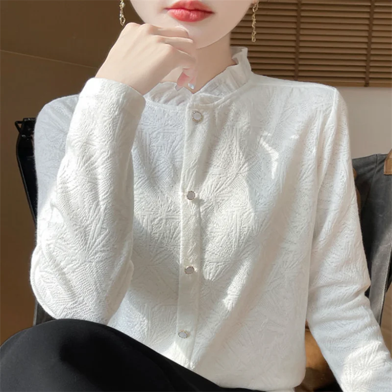 Hollow Knitting Blouses Women Shirt Ruffled Shirts Soft Bottom Top Grace Knitwear Half Turtleneck Shirt Cardigan Blous Female