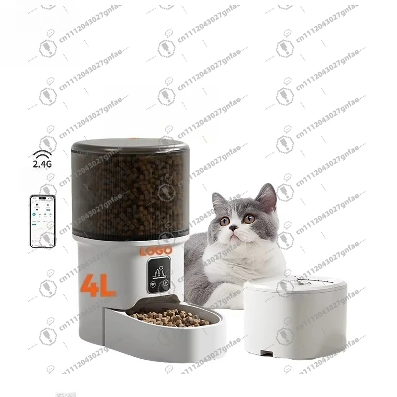 Cat and fountain pet feeder automatic food dispenser with side-by-side food bowls, Christmas gifts for pet lovers