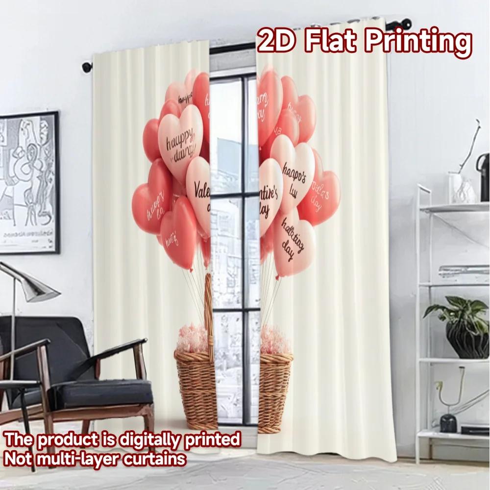 2D FLAT PRINTING 2pcs Curtains (Without Rod) Valentine's Day Heart Balloon Minimalist Chic Curtains Prints Light Filtering