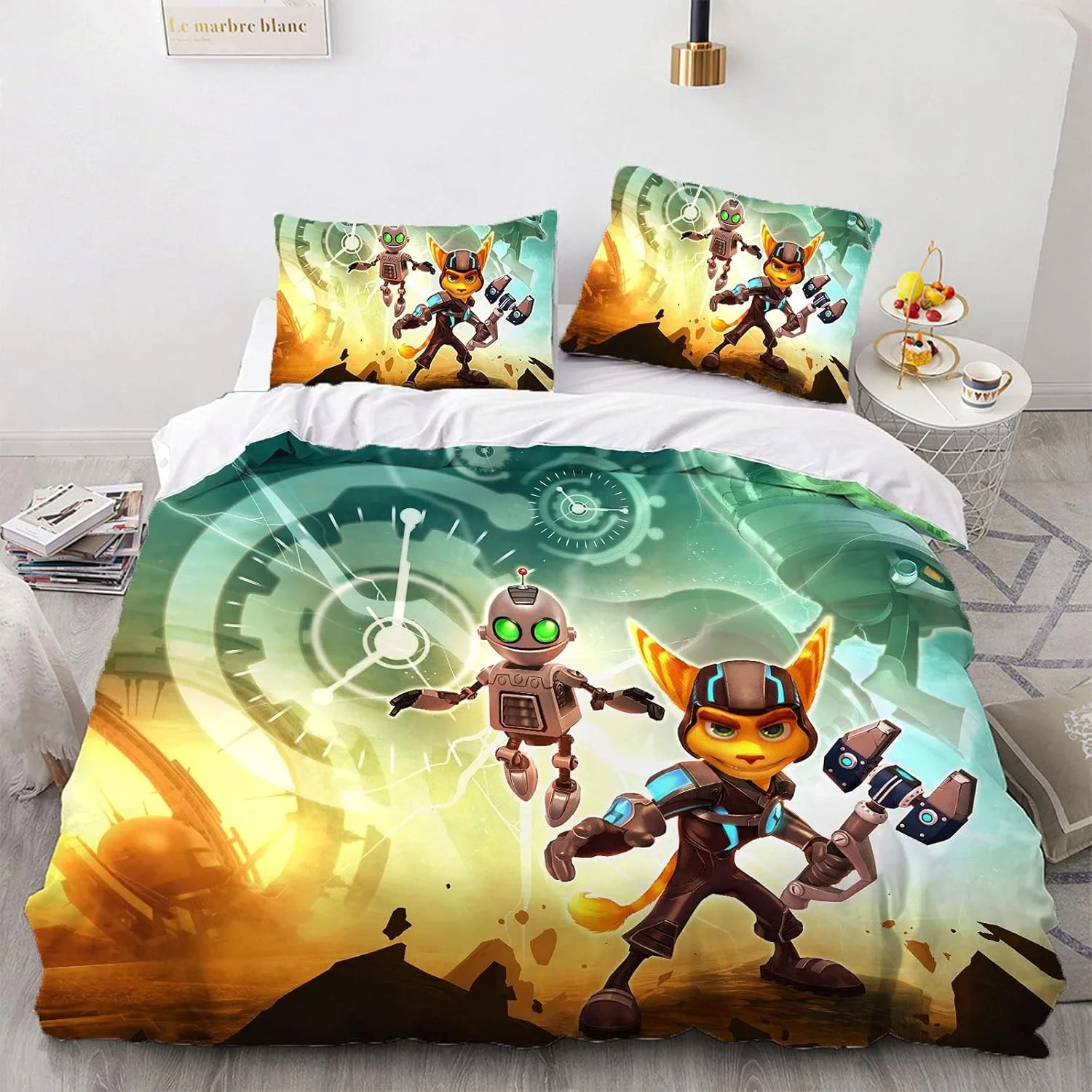 Juego de Ropa de Cama 3D de Ratchet & Clank Rift Apart, Juego de Cama Estampado, Funda de Edredón, Sábana, Funda de Almohada, Edredón Suave, Tamaño Queen, King