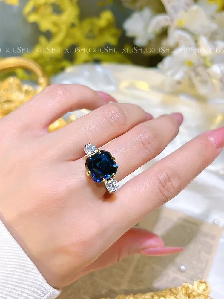 Hip Hop Style 925 Sterling Silver Blue Treasure Ring with High Carbon Diamond Wedding Ring for Women's Jewelry Wedding