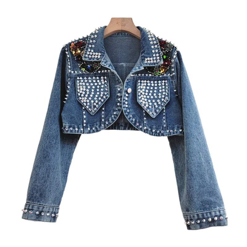 

Vintage Blue Diamonds Rivet Denim Jacket Women High Waisted Slim Short Cowboy Outerwear Korean Long Sleeve Jeans Jacket Female