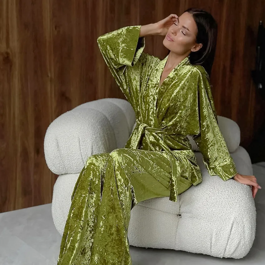 

Knitted Gold Velvet Long Sleeved Nightgown Long Pants Soft and Comfortable Pajama Set Autumn Women's Home Wear