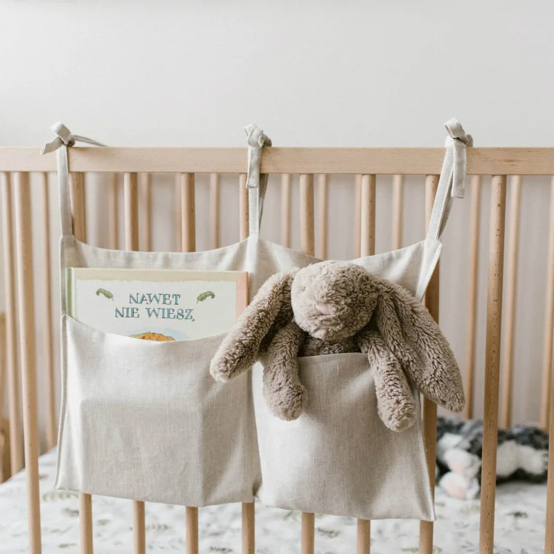 Babybett-Organizer Hängende Aufbewahrungstasche für Babybett Leinen 2-Taschen-Organizer Multifunktionale Taschen Baby-Wickeltasche