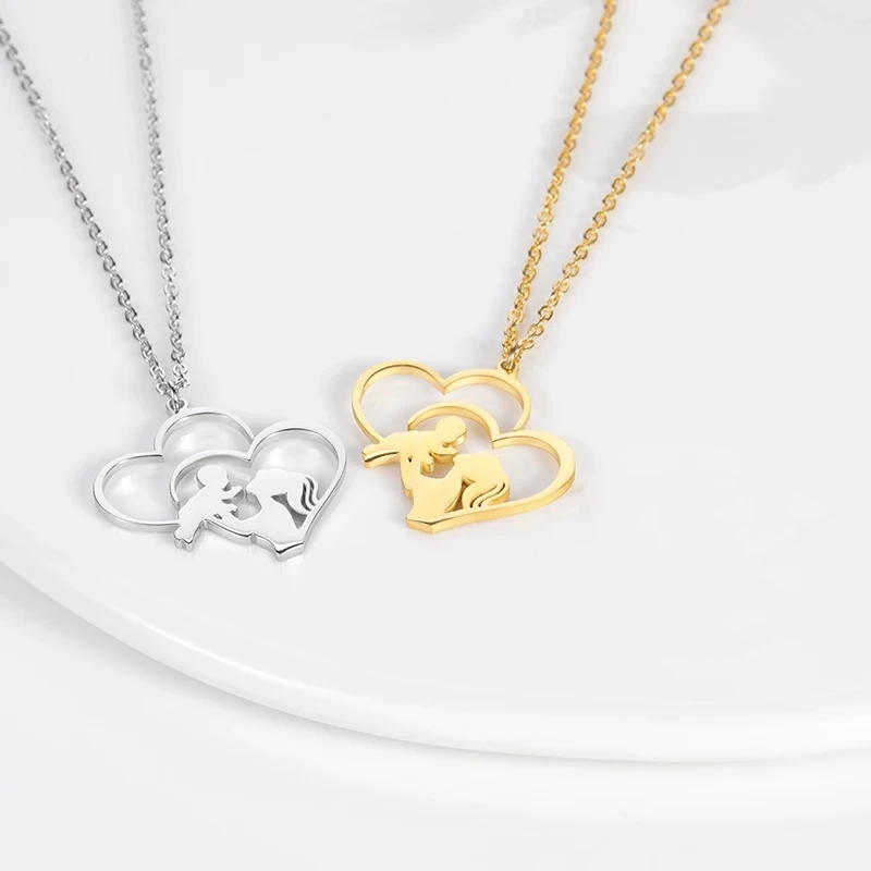 Mom Baby Heart Necklace Women Lady Jewelry Stainless Steel Gold Color Kiss and Hug Pendant Necklace Mother\'s Day Gifts