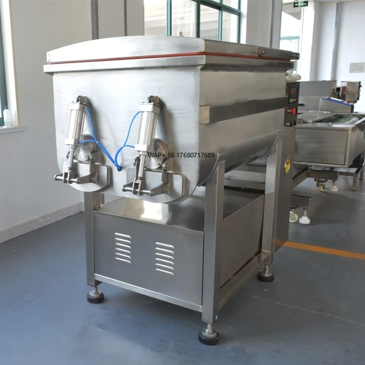

High-efficiency electric commercial vacuum processor with automatic mixing for industrial meat processing sausage production