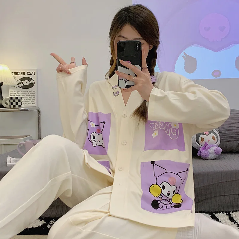 

New Sanrio Kuromi My Melody Cinnamoroll Kawaii Ladies Student Cartoon Summer and Autumn Leisure Home Long Sleeve Pajamas Set