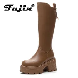 Fujin 9cm Microfiber Synthetic Leather Knee High Fashion Autumn British Boots ZIP Platform Wedge Women Boots Ankle Spring Shoes