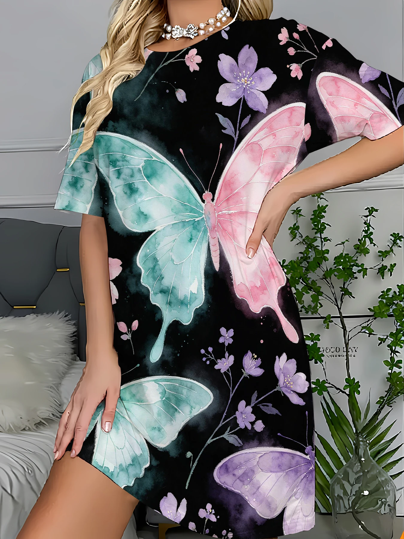 Women's 3D Print Sleep T-Shirt Dress Cute Graphic Knit Nightgown Korean