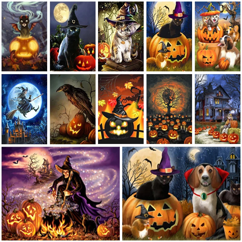 

5D DIY Diamond Painting Halloween Pumpkin Cat Witch Full Round Drill Embroidery Cross Stitch Rhinestone Picture Festival Decor