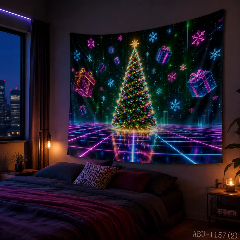 VIKAMA Cyber Neon Grid Christmas Tree Gift Box Snowflake Christmas Tapestry HD Background Wall Room Decoration