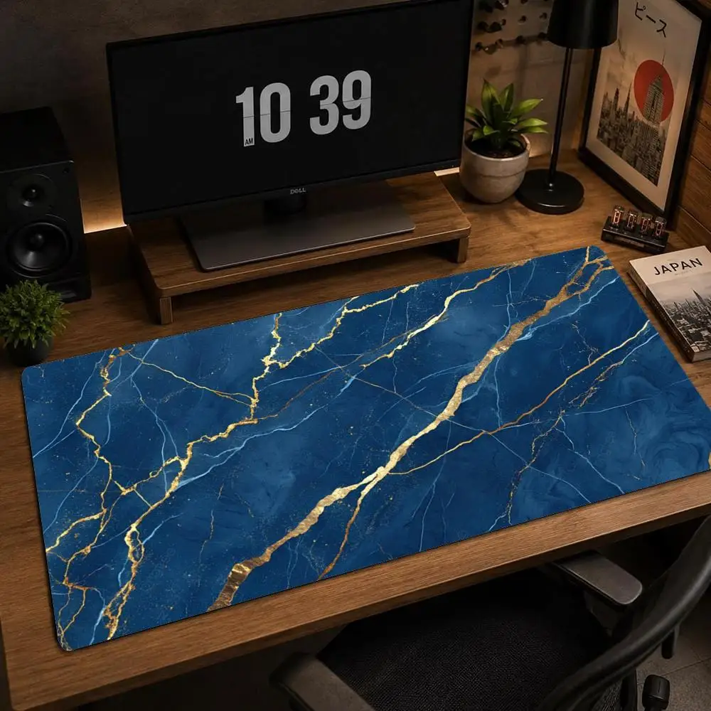 Large Size Deskmat XXL Deep Blue Marble With Golden Veins Mousepad Overlocked Edge Non‑Slip Rubber Gamer Keyboard Desk Mats
