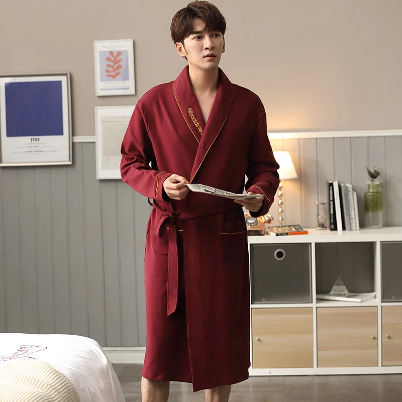 Newest M-4XL Autumn Bathrobe Men 100% Cotton sleep top Kimono Robes For Male Solid Robes Long Bath Robe Bride Robe Dressing Gown