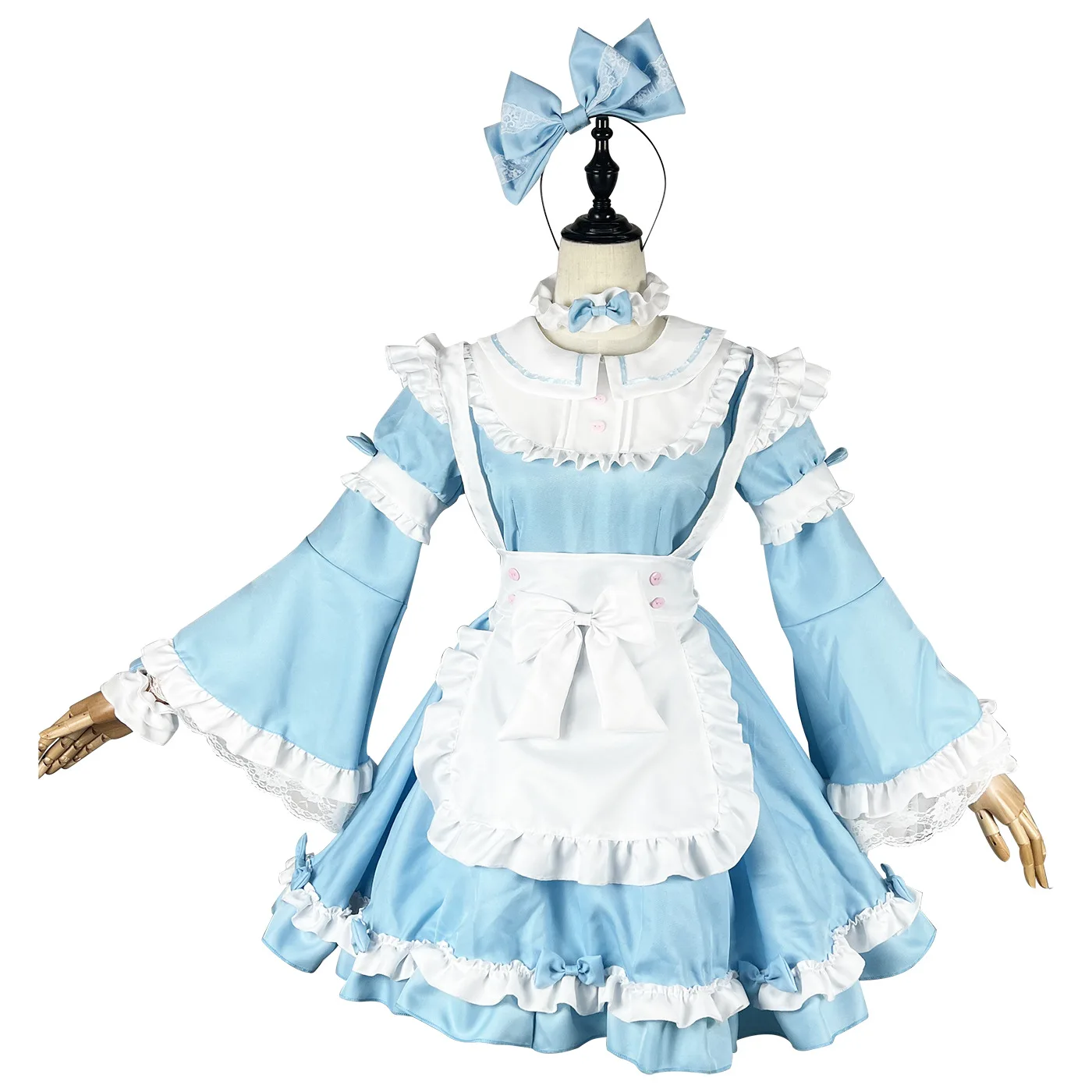 Vestido de lolita azul y blanco Disfraz de sirvienta de manga larga