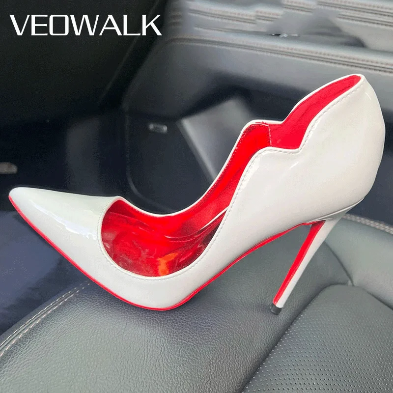 Veowalk 12cm Sexy Glossy White Curl Cut Stiletto Pumps Women Pointy Toe Thin High Heels Elegant Lady V Cut Wedding Party Shoes