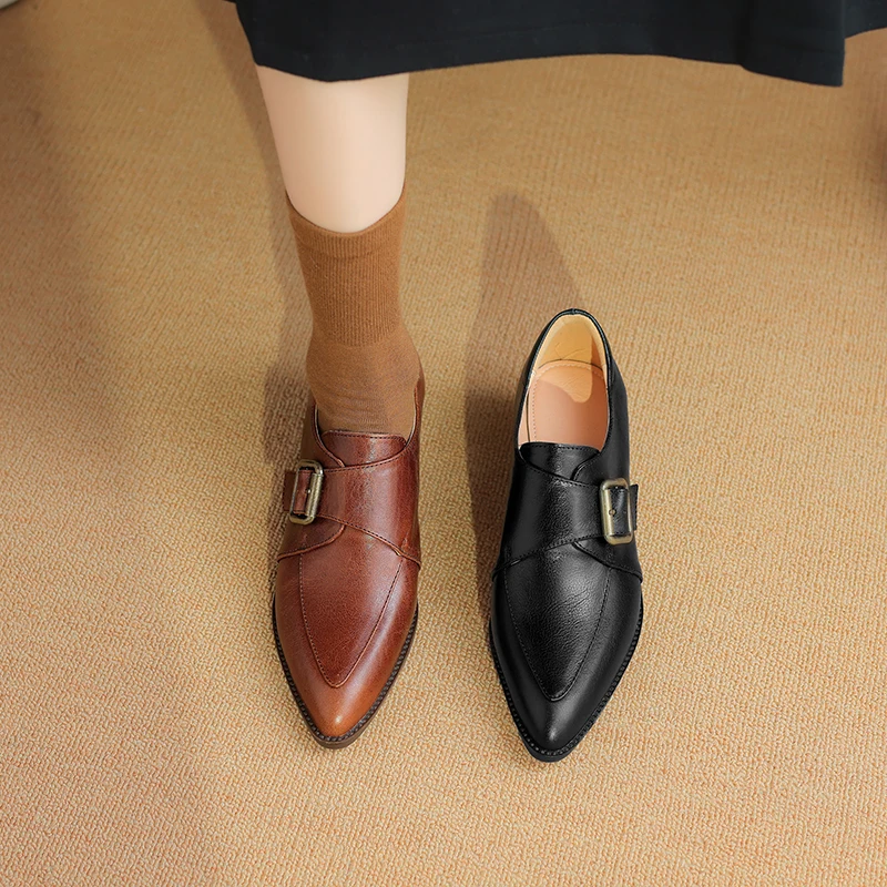 2026 new spring autumn women pumps natural leather plus size 22-26.5cm cowhide+pigskin pointed toe buckle loafers women shoes