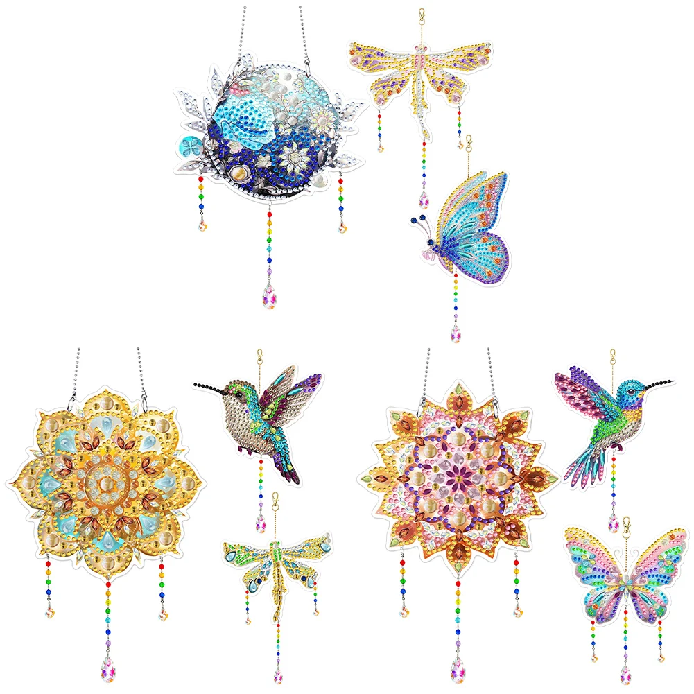 3Pcs Acrylic Double Sided Flower Animal Diamond Art Painting Hanging Suncatchers Ornament Crystal Painting Wind Chime for Adults