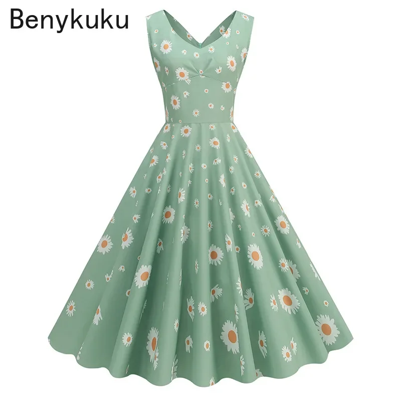 

Green Daisy Strawberry Print Vintage Summer Clothes Women 2024 Outfit Sleeveles V Neck 50s Swing Birthday Party Dresses Sundress