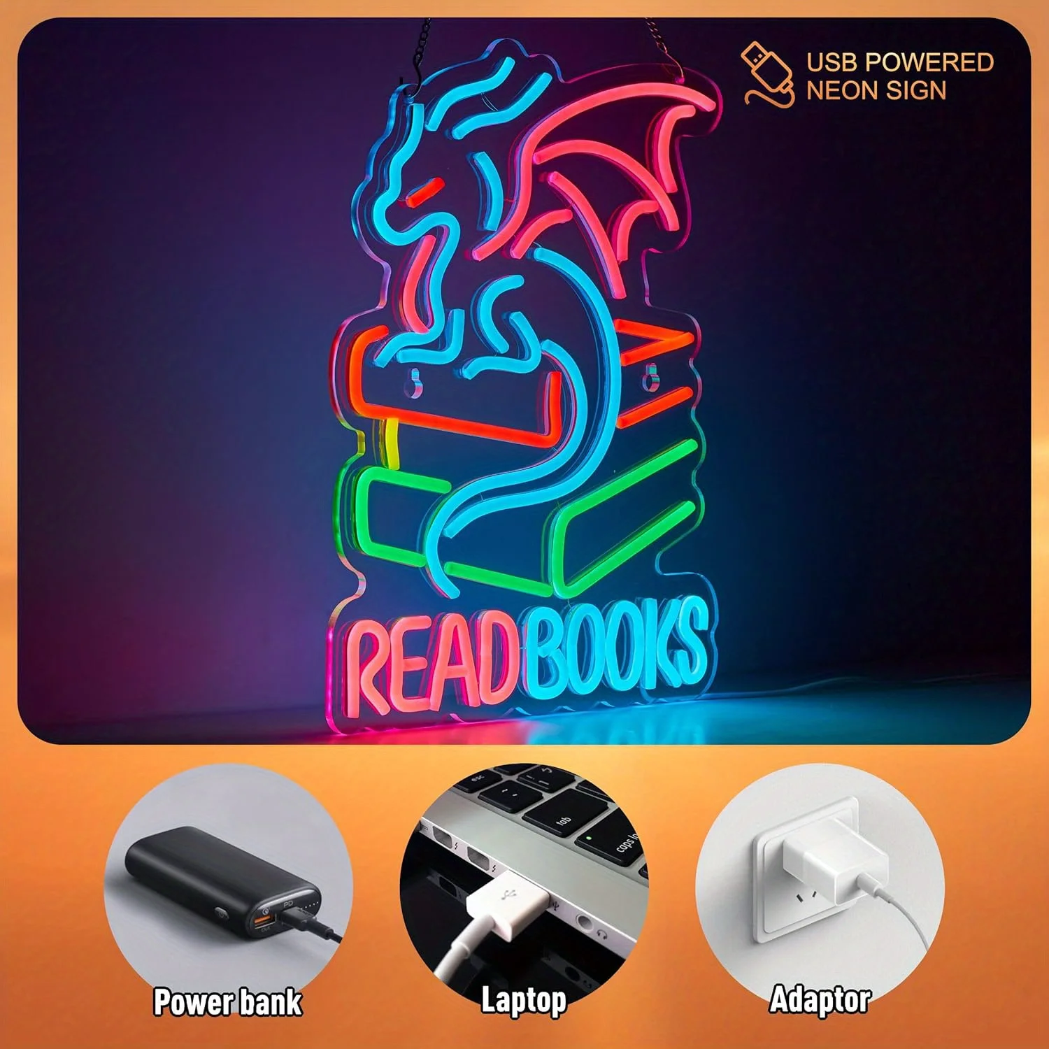 Read Books neon light, 5V USB powered, for wall decoration, suitable for study, library or reading corner