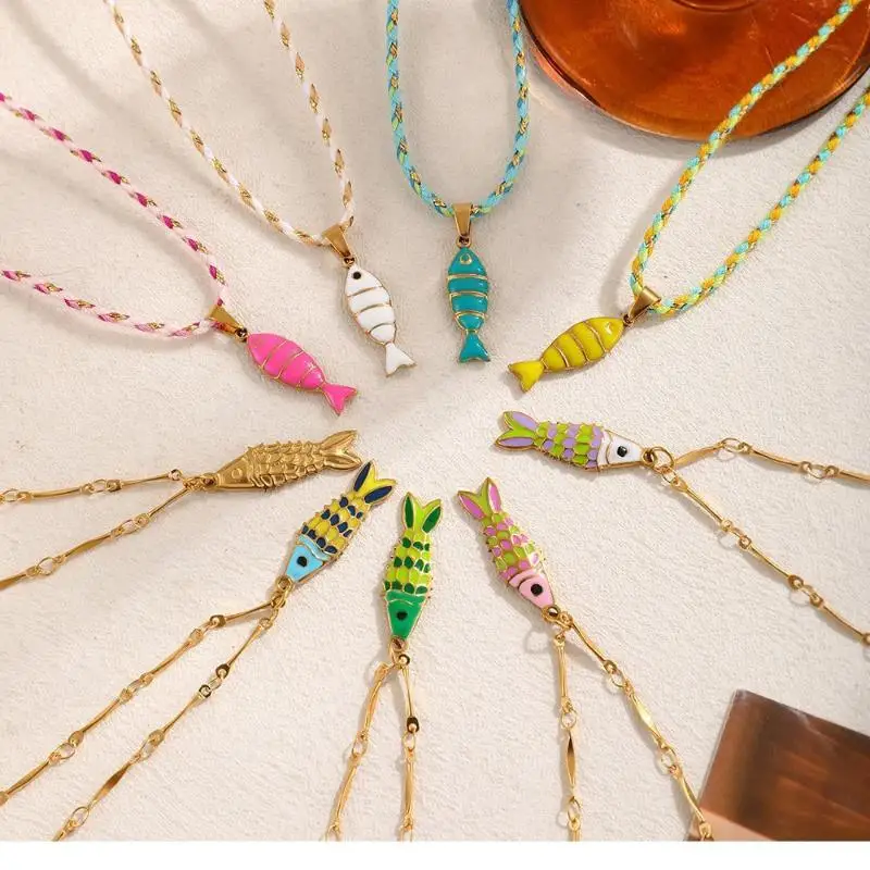 Bohemian Layered Fish Pendant Necklace Colorful Enamel Adjustable Chain Lightweight for Women Outdoor Picnic Wear