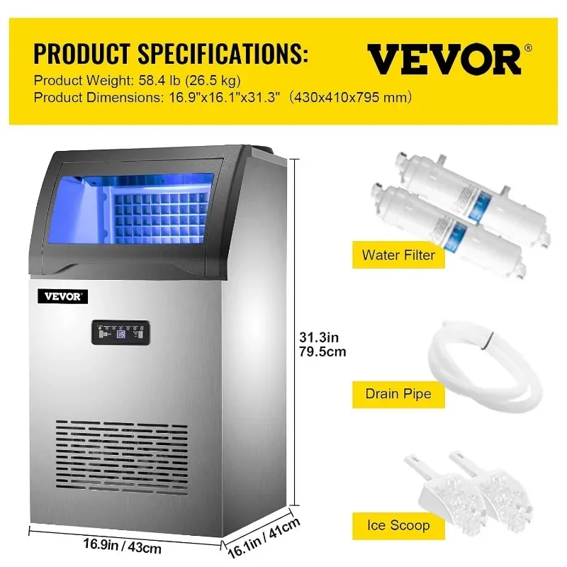 Komercyjna kostkarka do lodu VEVOR, maszyna do lodu pod licznikiem ze stali nierdzewnej 119 LBS/24 H ze schowkiem 24 LBS