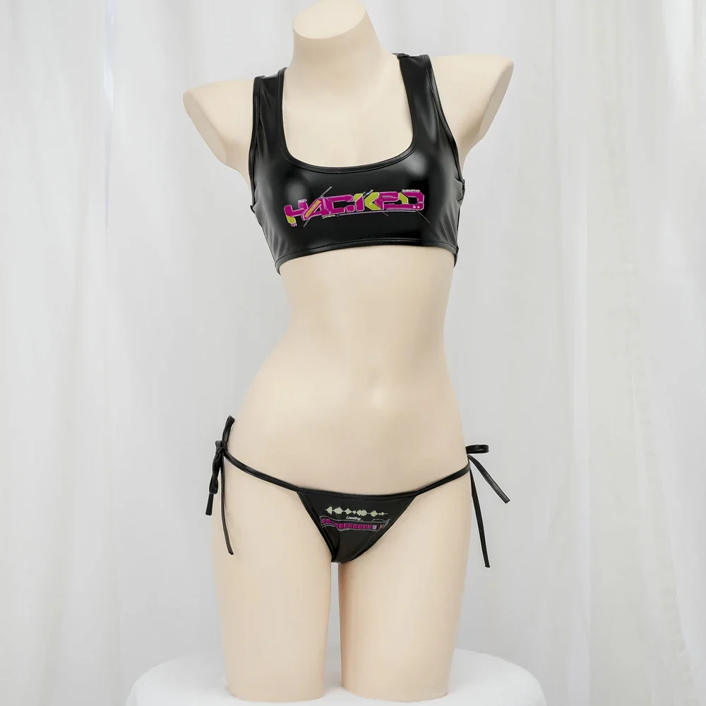 해변 전기 음악 축제 소녀 비키니 세트 여성 애니메이션 게임 펑크 사이버 가죽 유니폼 세트 의상 코스프레