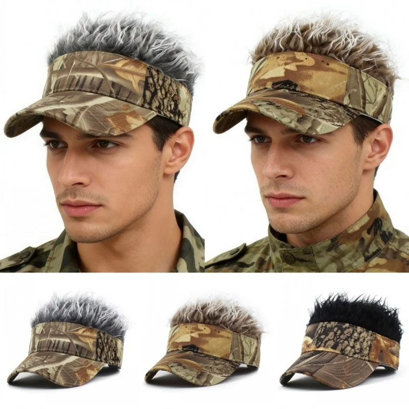 

Mens Baseball Cap With Spiked Hairs Wig Hat Short Hairs Sunhat Summer Autumn Outdoor Jungle hunting Sunshade Visor Fancy Hat
