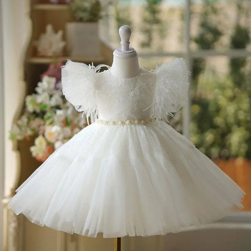 

Baby Girls White Mesh Fairy Fluffy Dress Birthday Party Piano Performance Dress Children Feather Sleeve Lace Tulle Dress
