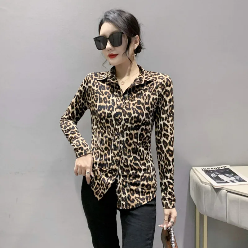 #8017 Leopard Shirt Women Long Sleeve Turn-down Collar Vintage Korean Style Buttons Slim Womens Blouses And Tops Spring Autumn