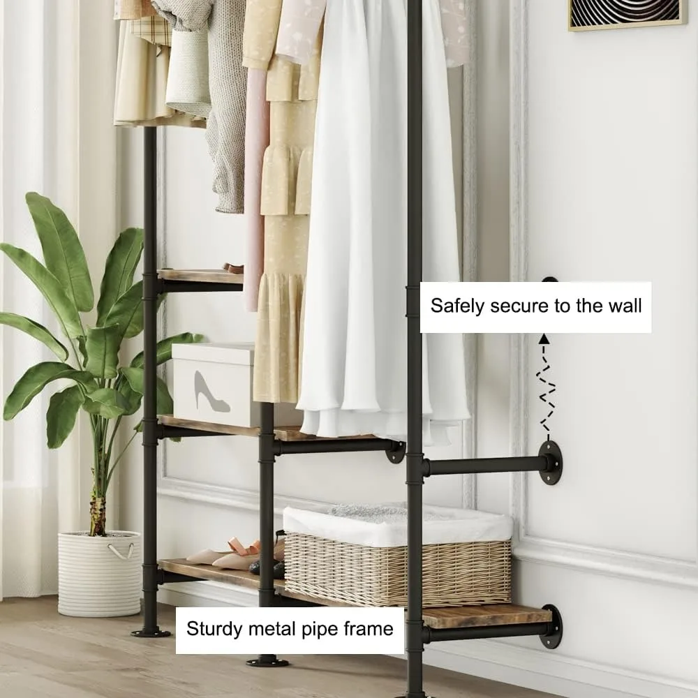 رف ملابس أسود قوي مثبت على الحائط مع قضبان تعليق مزدوجة وثلاث أرفف تخزين