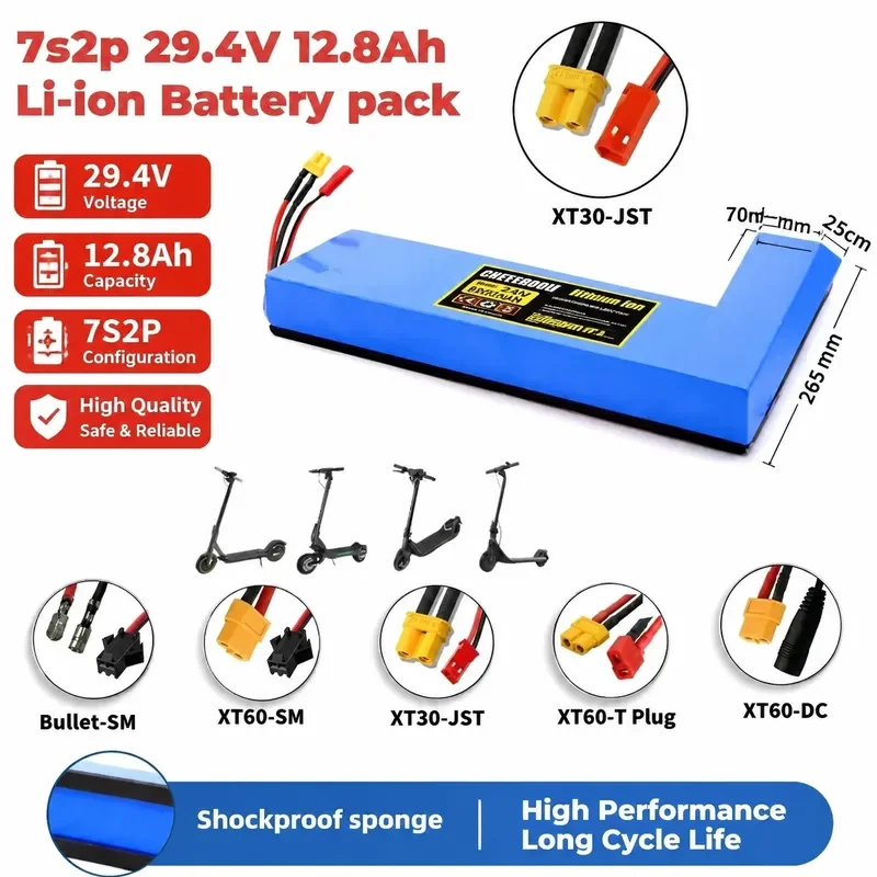 7S2P 24V 12.8Ah 18650 Lithium Ion Battery Pack 29.4V 12800mAh Rechargeable Battery for Electric Scooter E Bike Bicycle