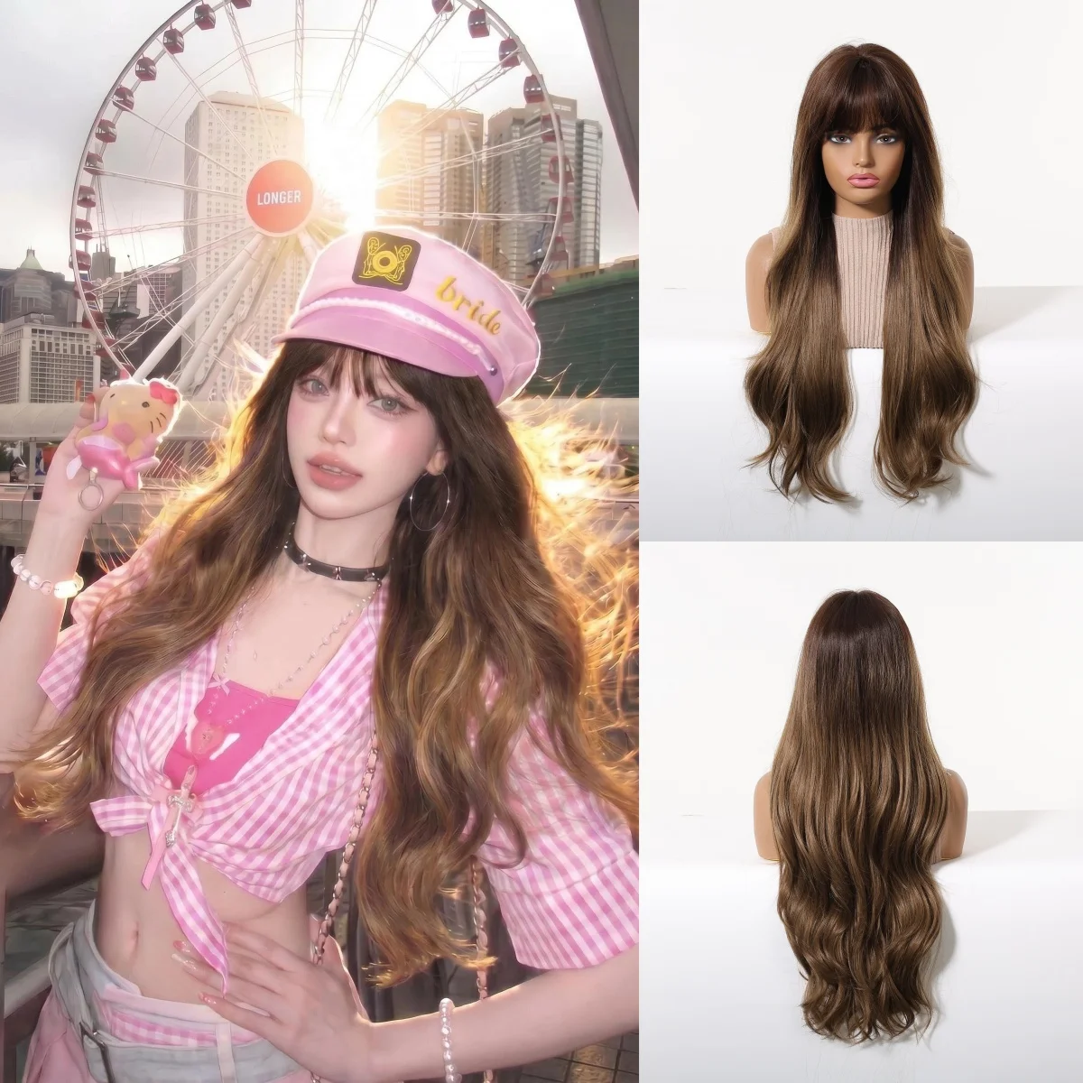 Long Brown Wig with Bangs Water Wave Dark Roots Nature Wave Daily Wear for Woman Synthetic Heat-Resistant Fiber Summer New Style