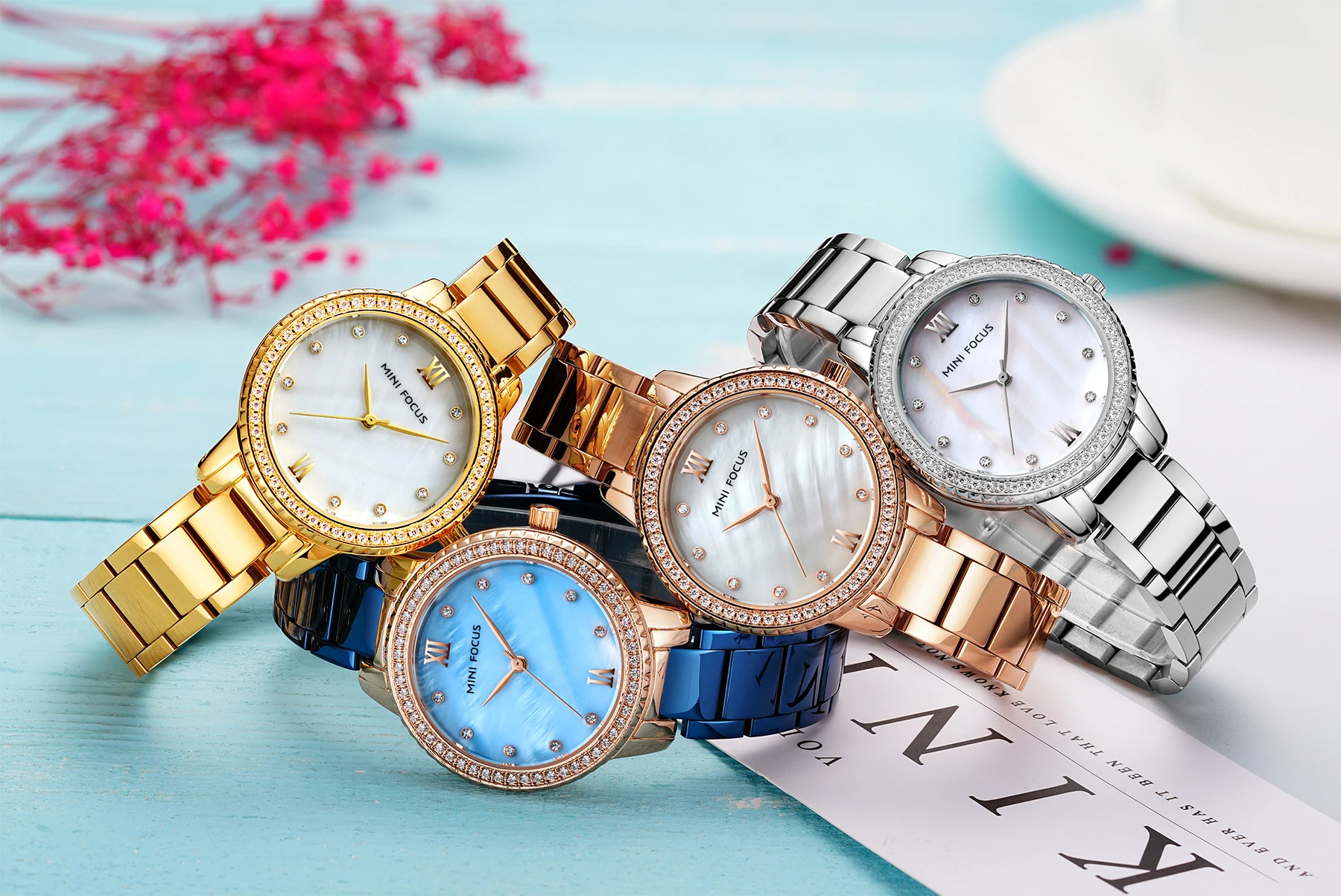 Mini Focus MF0226L Женские стильные часы с бриллиантами, синий ремешок из нержавеющей стали, водонепроницаемые женские кварцевые часы