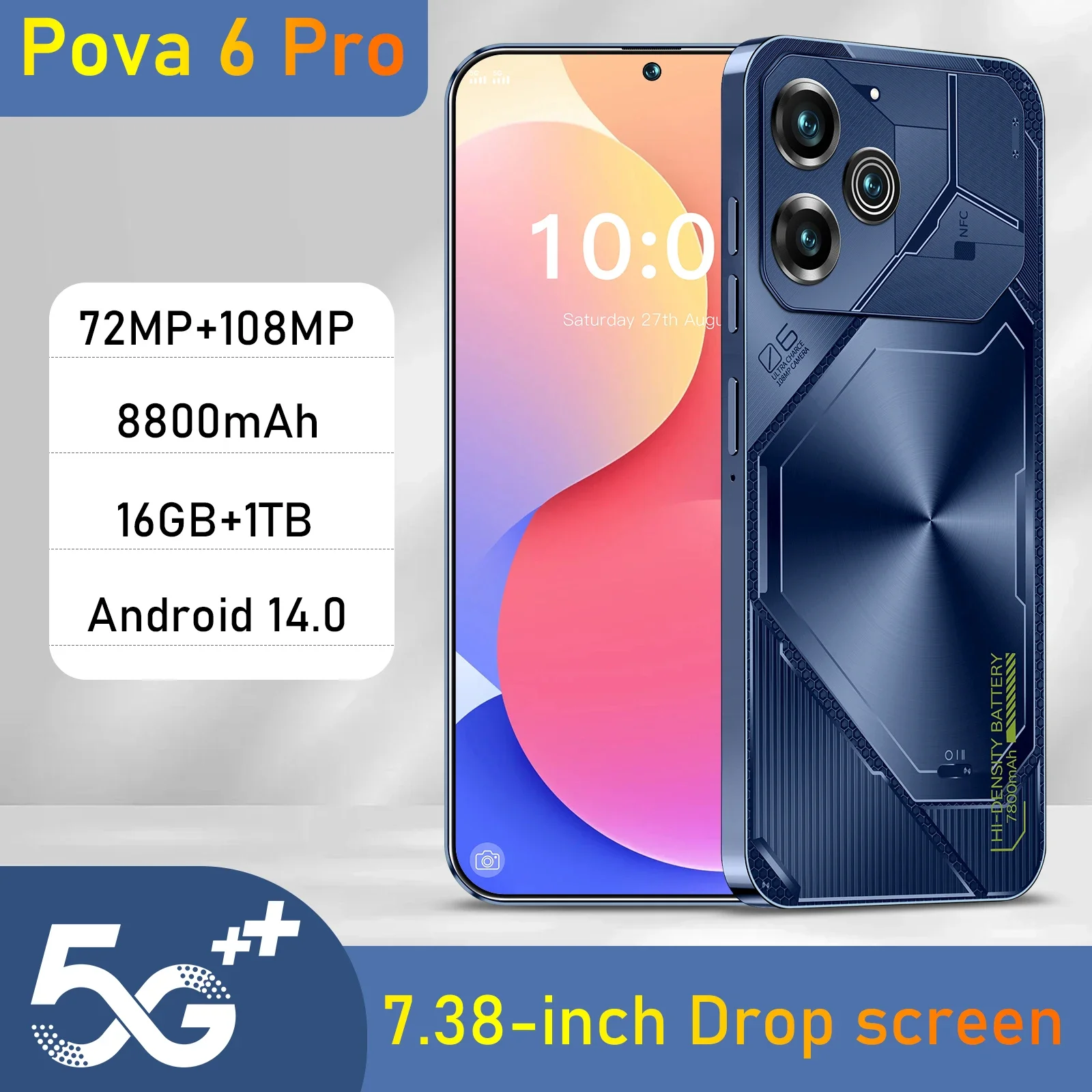 

Global version Pova 6 Pro Original Smartphone 5G Android 7.3 Inch HD Screen Dual SIM Dual Standby 8800mAh 108MP Unlocked Phone