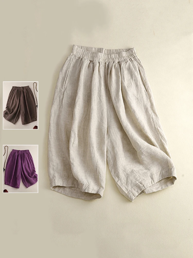 

Summer Pure Color Cotton Linen Breathable Five-Point Elastic Waist Wide Leg Pants Casual High Waist Trousers for plus Size Women
