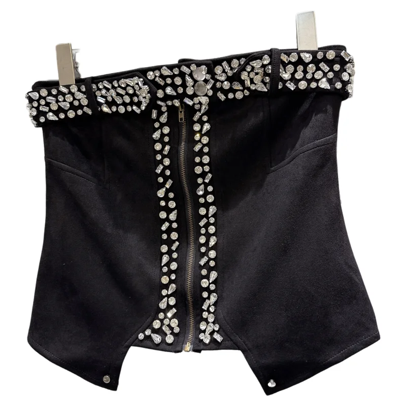 

Женский укороченный топ из замши с тяжелыми украшениями, модный облегающий жилет на молнии на молнии, цветной блестящий жилет с бриллиантами