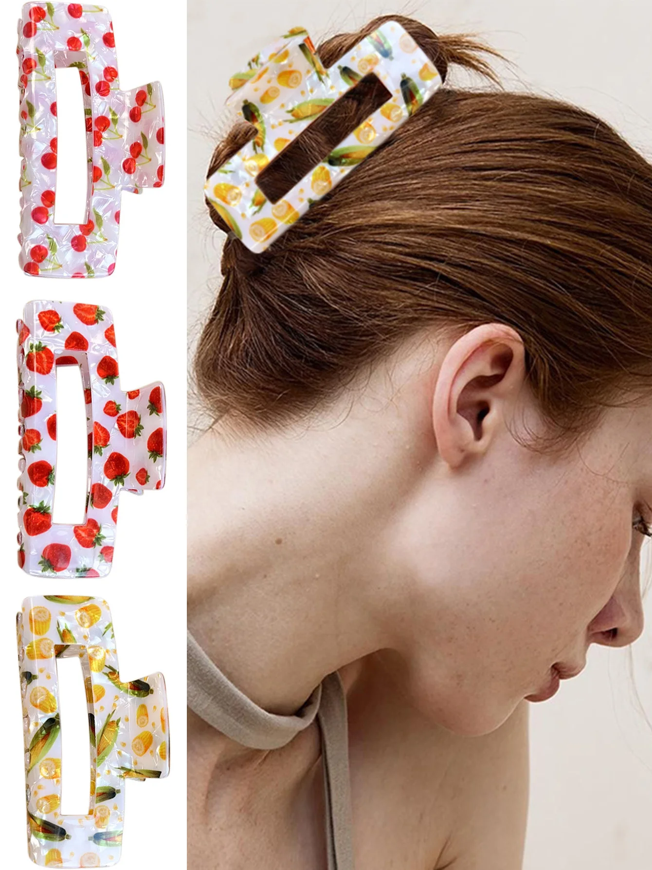 

3pcs Corn Cherries Strawberry Printed Square Lace Hair Claw New Acetate Hair Accessories Fresh Casual Updo Headpiece