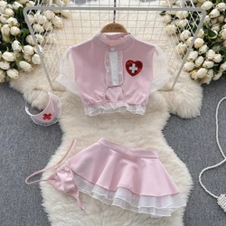 Hot Sweet Cosplay Uniform High Waist Hollow Ruffled Bubble Sleeve Short Top Cute Sexy Two Layer Sheer Short Skirt Two-piece Set