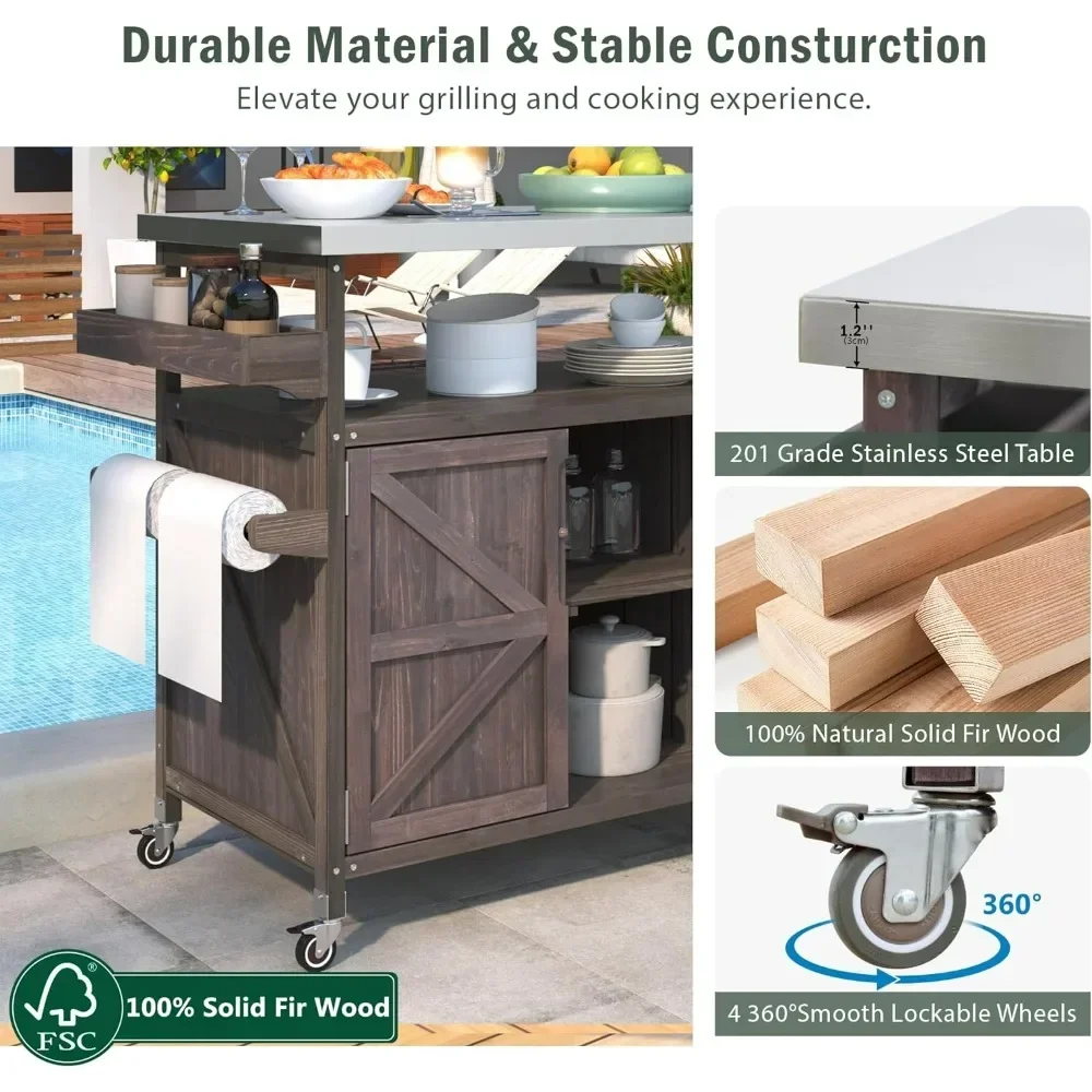 

Hot salesFarmhouse Style Rolling Outdoor Kitchen Island with Storage and Solid Wood Grill Cart Table